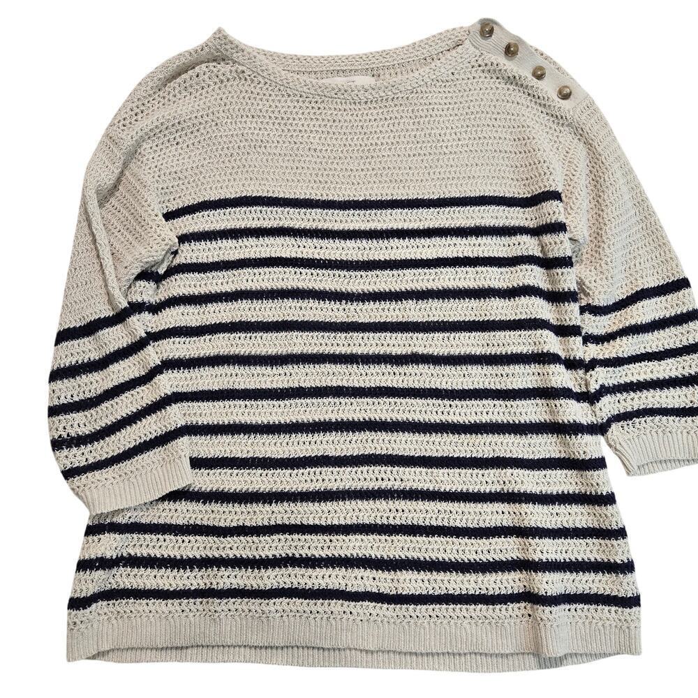 LOFT Open Knit Striped Boat Neck Pullover Sweater Linen Blend Sz L Coastal
